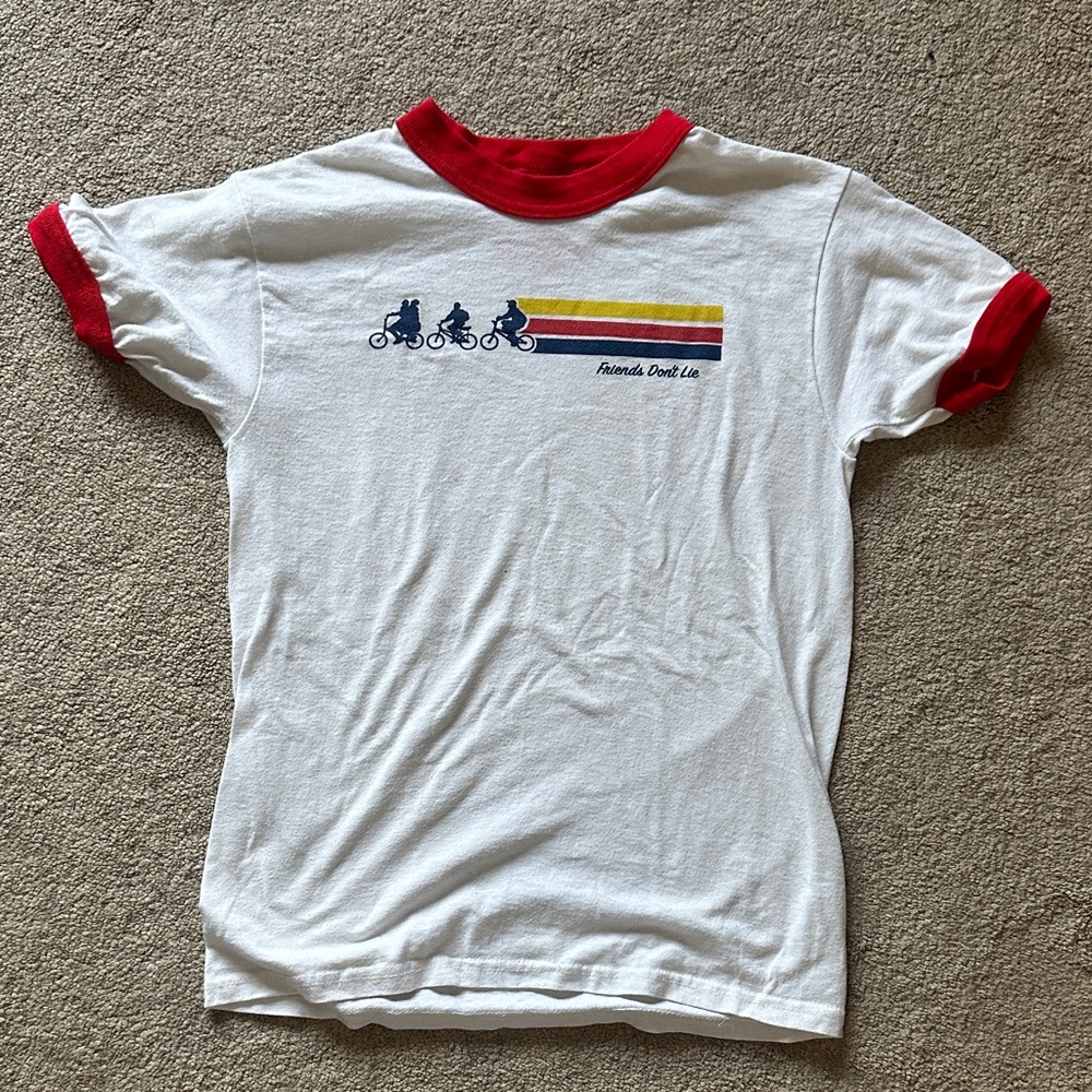 Netflix White Tee with Red Trim and Multicolor Stripe